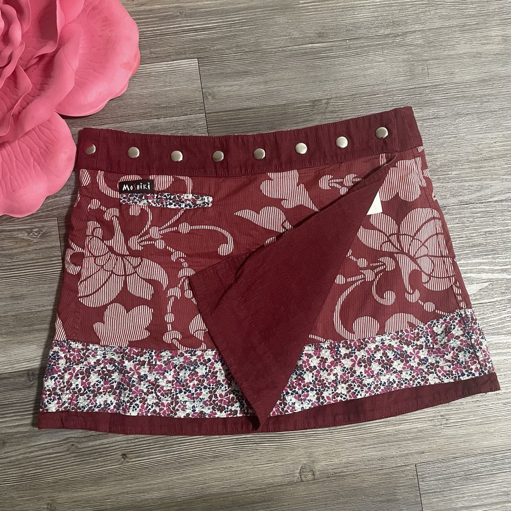 MOSHIKI Reversible Wrap Mini Skirt Adjustable Snap Waist Pocket Boho Festival OS